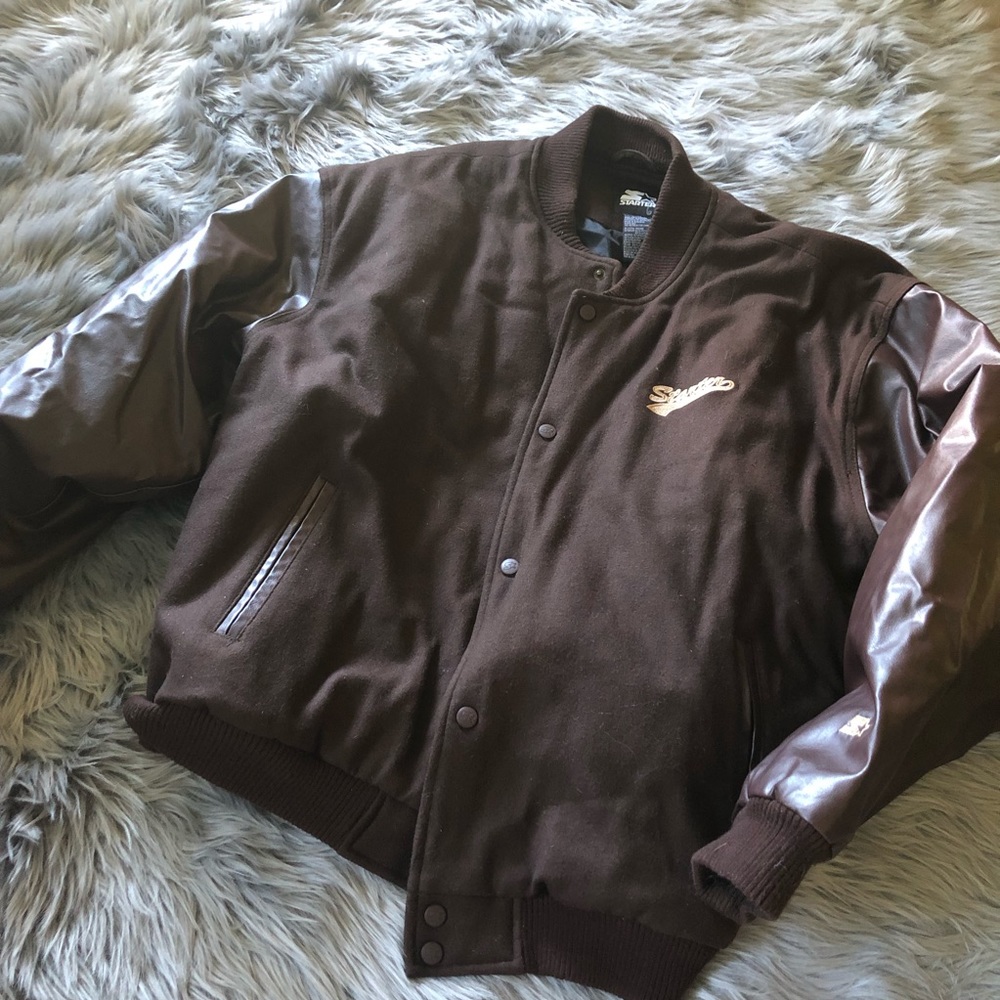 Vintage starter varsity jacket leather arms brown